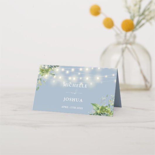 Carte De Placement Dusty Blue Floral Greenery String Mariage (Dos)