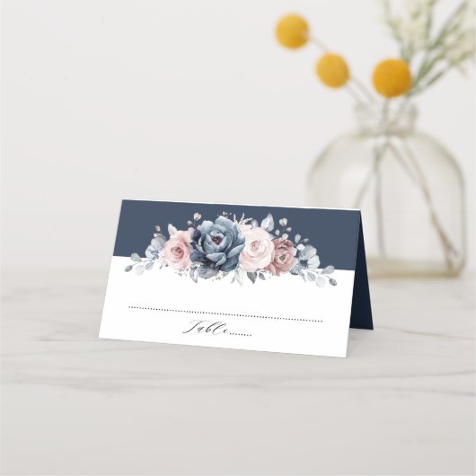 Carte De Placement Dusty Blue Mauve Rose rose ardoise Mariage floral  (Devant)