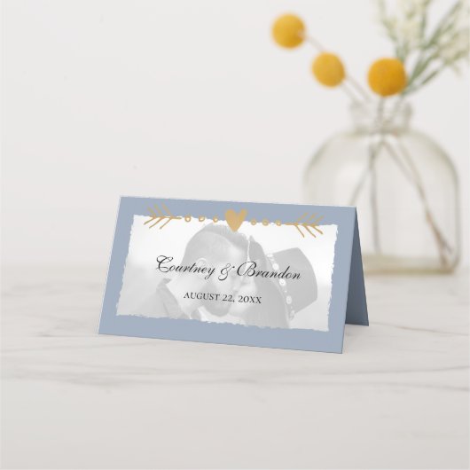 Carte De Placement Dusty Blue Modern Photo Gold Hearts Mariage (Devant)