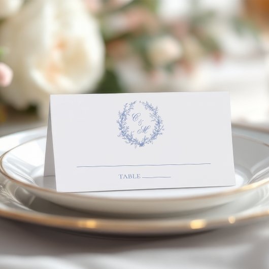 Carte De Placement Dusty Blue Monogram Mariage de couronne botanique