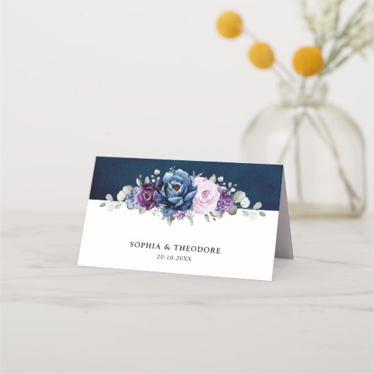 Carte De Placement Dusty Blue Purple Navy Lilac Blooms Mariage Place (Dos)