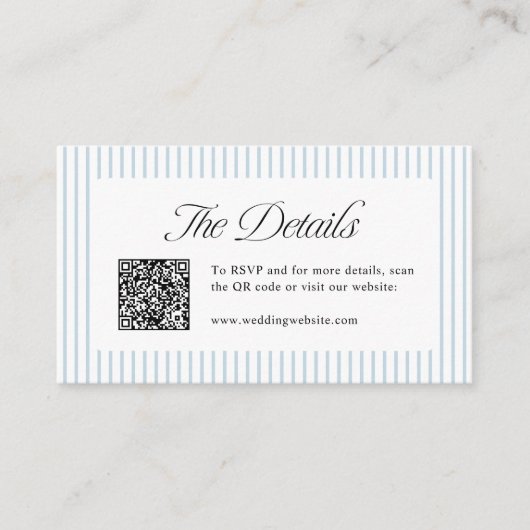 Carte De Placement Dusty Blue Striped QR Code Classy Wedding Details (Devant)
