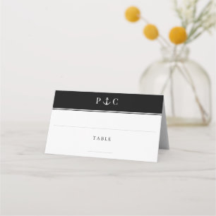 Carte De Placement Élégant Ancre nautique Monogramme noir blanc