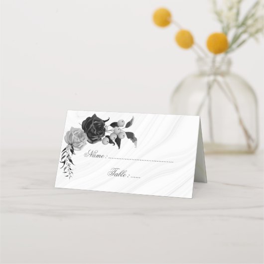 Carte De Placement élégant argent et fleurs noires (Devant)