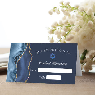 Carte De Placement Élégant Bat mitzvah Marine Blue Gold Agate