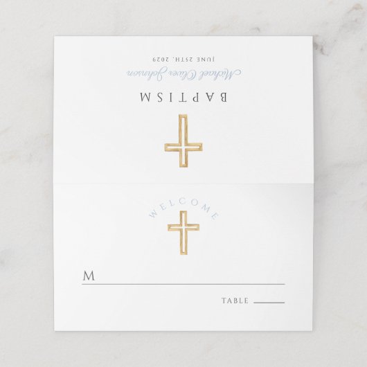 Carte De Placement Élégant Bébé Bleu Script Religieux Garçon Baptême (Extérieur déplié)