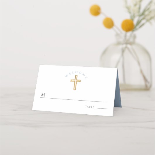 Carte De Placement Élégant Bébé Bleu Script Religieux Garçon Baptême (Devant)