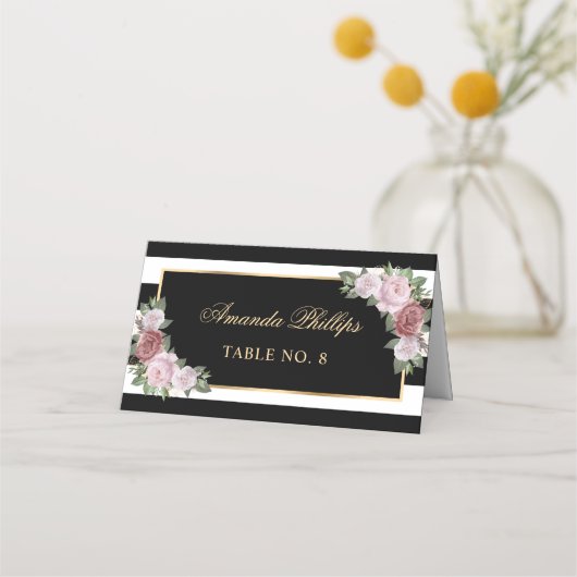 Carte De Placement Élégant Black Blush Gold Floral Mariage (Devant)