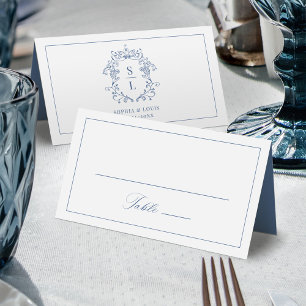 Carte De Placement Élégant Blason Baroque Monogramme Bleu Mariage