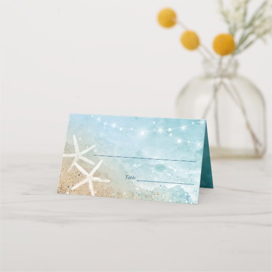 Carte De Placement Elégant bleu et Turquoise aquarelle Plage Mariage (Devant)