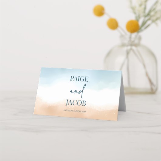 Carte De Placement Elégant Blue Ocean Beach Mariage de sable (Dos)