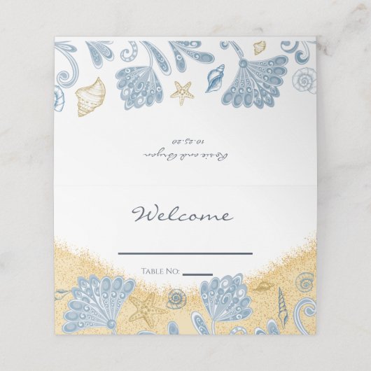 Carte De Placement Elegant Coques, Sable, & Plage Mariage unique (Extérieur déplié)