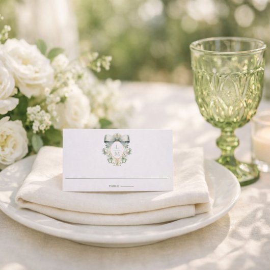 Carte De Placement Elegant Crest w/ Sage Green Bow | Monogram Wedding
