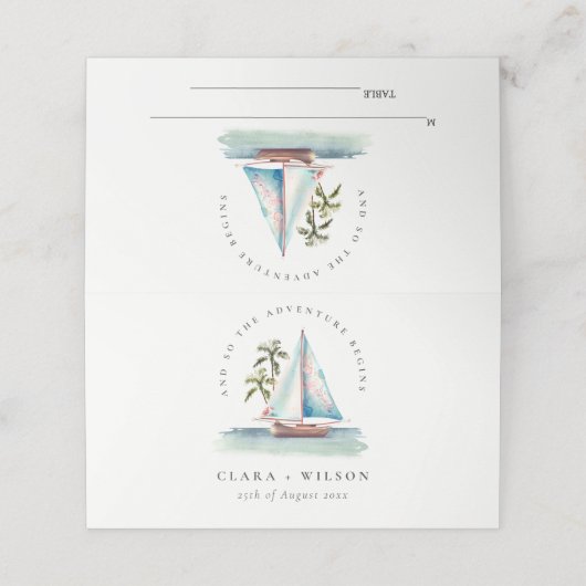 Carte De Placement Elégant Dusky Turquoise Sailboat Palm Mariage mari (Extérieur déplié)