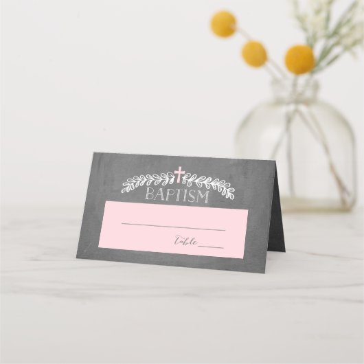 Carte De Placement Elégant Laurels rose | Baptême (Devant)