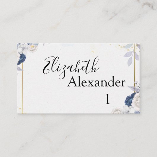 Carte De Placement Elégant Mariage bleu et or floral Dusty (Devant)
