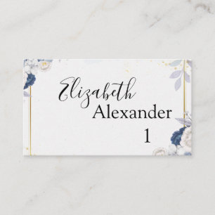 Carte De Placement Elégant Mariage bleu et or floral Dusty