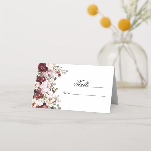 Carte De Placement Elégant Mariage Floral Bourgogne & Blush Favoriser (Devant)
