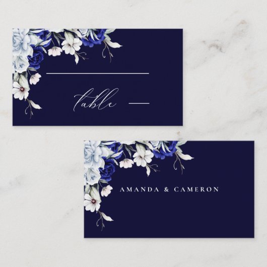 Carte De Placement Elégant Mariage floral Dusty Blue Navy (Devant / Derrière)