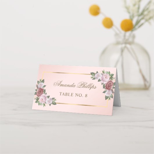 Carte De Placement Élégant Mariage floral rose pâle (Devant)