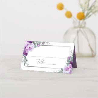 Carte De Placement Élégant Mariage floral violet et argenté