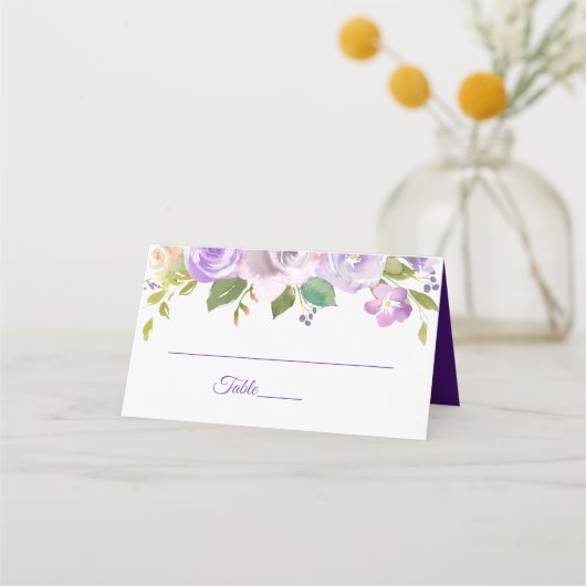 Carte De Placement Élégant Mariage floral violet et or (Devant)