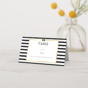 Carte De Placement Élégant Mariage Rayure Noir Blanc Cadre Doré