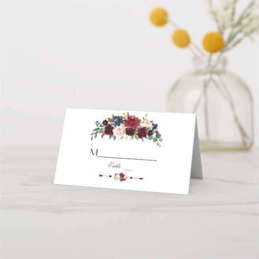 Carte De Placement Elégant Merlot Marine bleu Floral Numéro de table (Devant)