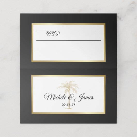 Carte De Placement Elégant Noir Blanc Or Palm Tree Mariage moderne (Extérieur déplié)