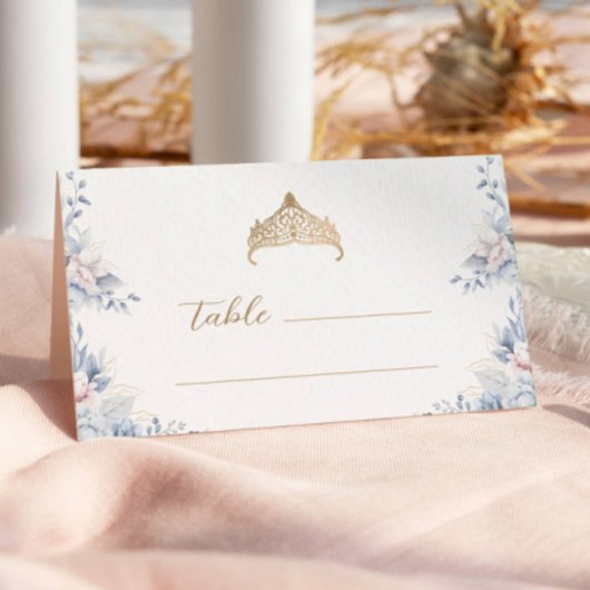 Carte De Placement Elégant or Tiara Blue Floral Quinceañera