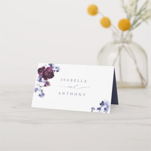 Carte De Placement Élégant Plum violet & Indigo Mariage Floral bleu (Dos)