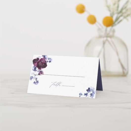 Carte De Placement Élégant Plum violet & Indigo Mariage Floral bleu (Devant)
