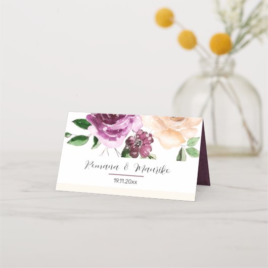 Carte De Placement Élégant Roses d'aquarelle de pêche violet (Devant)