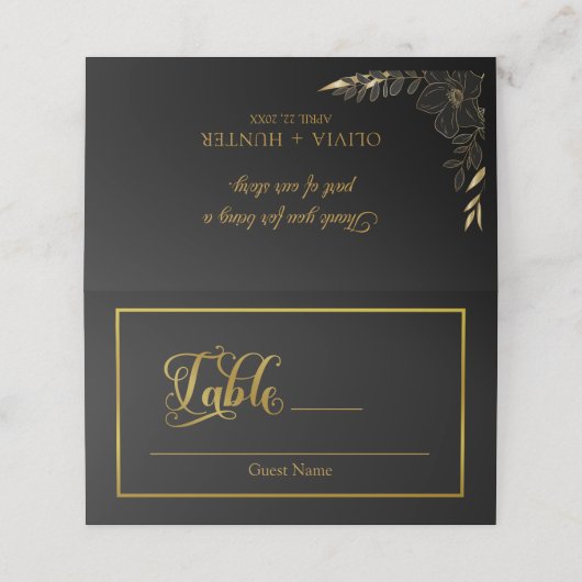 Carte De Placement Élégant Script fleurit Black & Gold Mariage (Extérieur déplié)