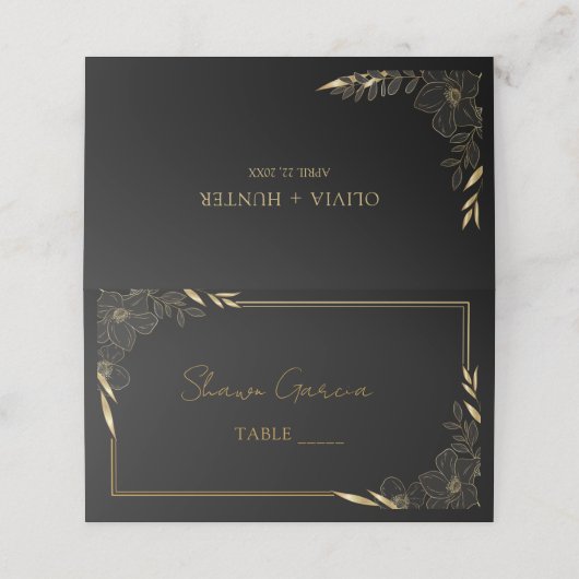Carte De Placement Élégant Script fleurit Black & Gold Mariage Pla (Extérieur déplié)