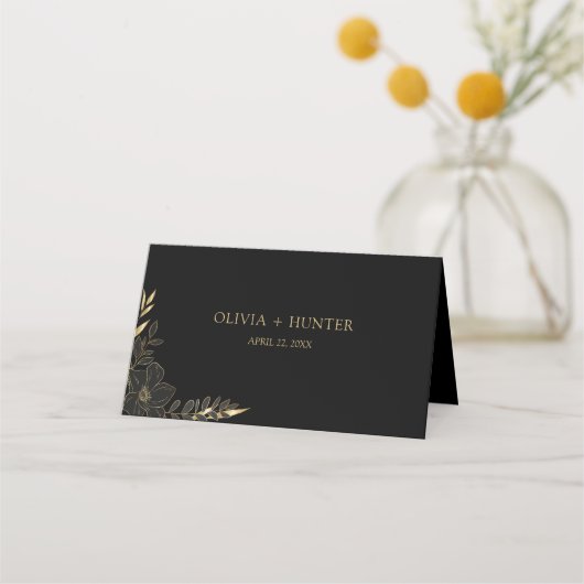 Carte De Placement Élégant Script fleurit Black & Gold Mariage Pla (Dos)