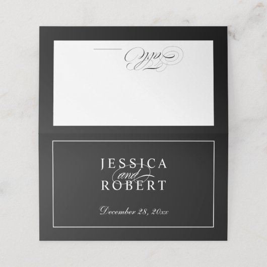 Carte De Placement Élégant script noir et blanc (Extérieur déplié)