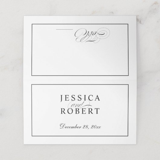 Carte De Placement Élégant script noir et blanc (Extérieur déplié)