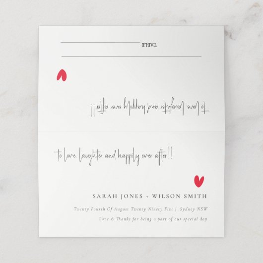 Carte De Placement Élégant Simple Minimal Red Heart Script Mariage (Extérieur déplié)