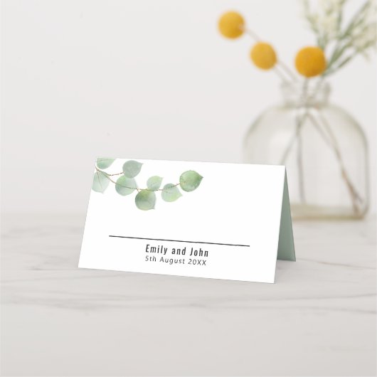 Carte De Placement Elégant Vert Eucalyptus Noms Date Mariage (Devant)