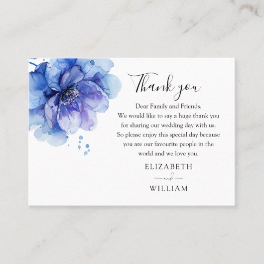 Carte De Placement Elégante aquarelle bleu Mariage Floral Merci (Devant)