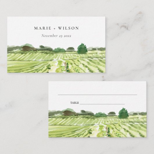 Carte De Placement Elégante aquarelle Green Winery Vignoble Mariage (Devant / Derrière)