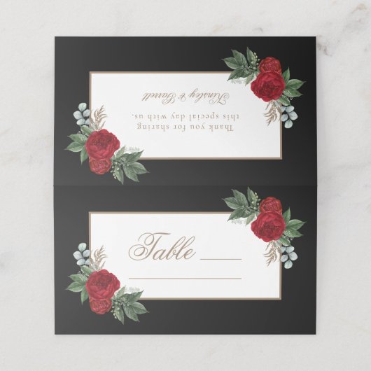 Carte De Placement Élégante calligraphie or Flore rouge (Extérieur déplié)