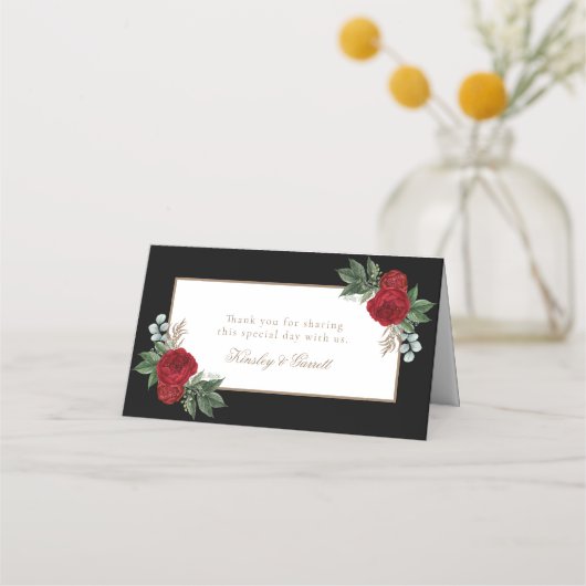 Carte De Placement Élégante calligraphie or Flore rouge (Dos)