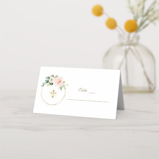 Carte De Placement Élégante Fleurs Roses Baptême Or Numéro de tableau (Devant)