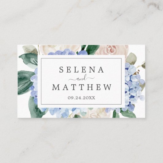 Carte De Placement Elégante Hydrangée Bleue | Mariage plat blanc (Dos)