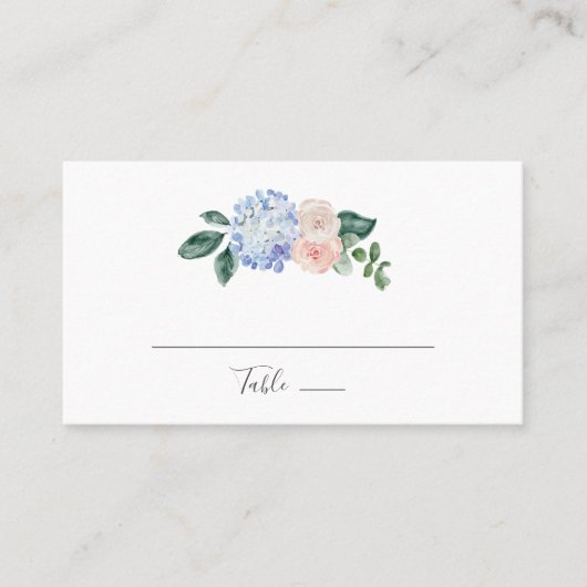 Carte De Placement Elégante Hydrangée Bleue | Mariage plat blanc (Devant)