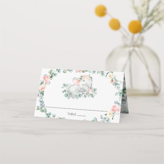 Carte De Placement Eléphant dormant mignon Baby shower floral rose (Devant)