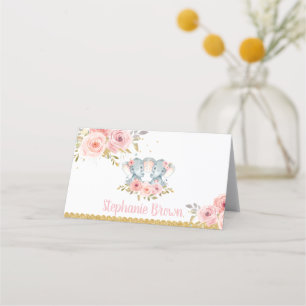 Carte De Placement Eléphant Twin Girls Baby shower rose Floral