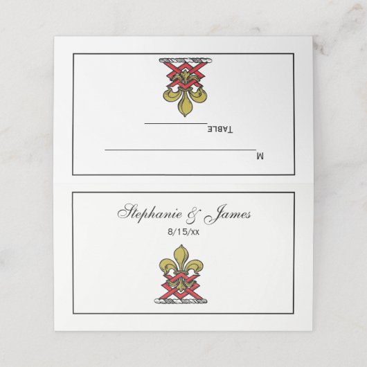 Carte De Placement Emblème Preppy Gold Red Heraldic Crest Fleur de Li (Extérieur déplié)